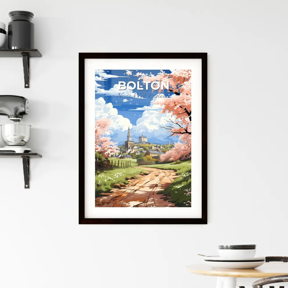 Bolton, North West England, A Poster of a road with pink flowers and trees in front of a building Default Title