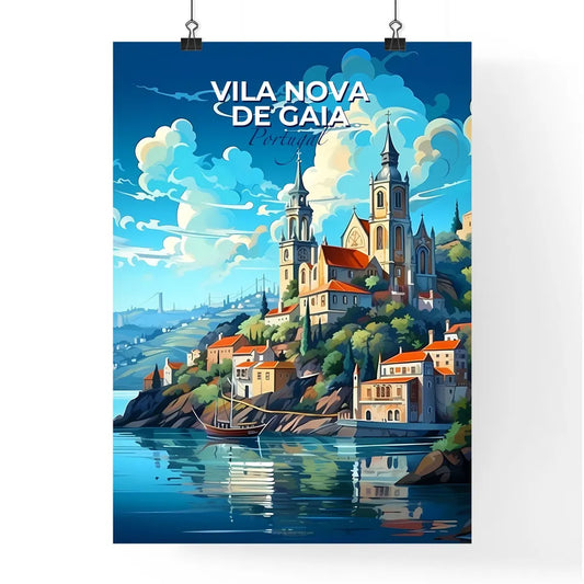 Vila Nova De Gaia, Portugal, A Poster of a painting of a town on a hill with a boat on the water Default Title