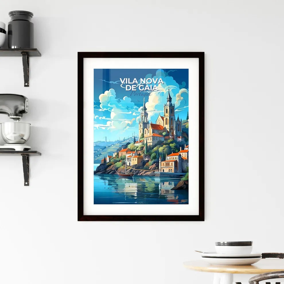 Vila Nova De Gaia, Portugal, A Poster of a painting of a town on a hill with a boat on the water Default Title