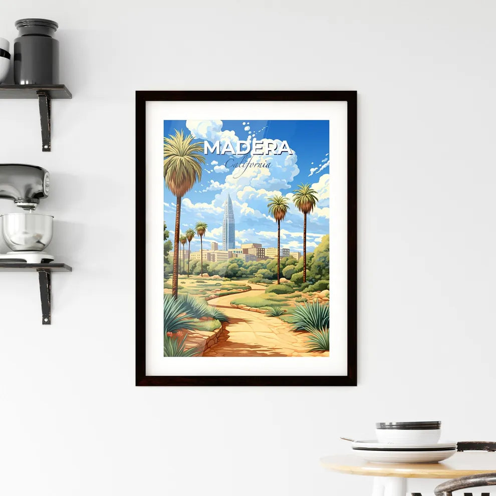 Madera, California, A Poster of a path through a park with palm trees and a city in the background Default Title