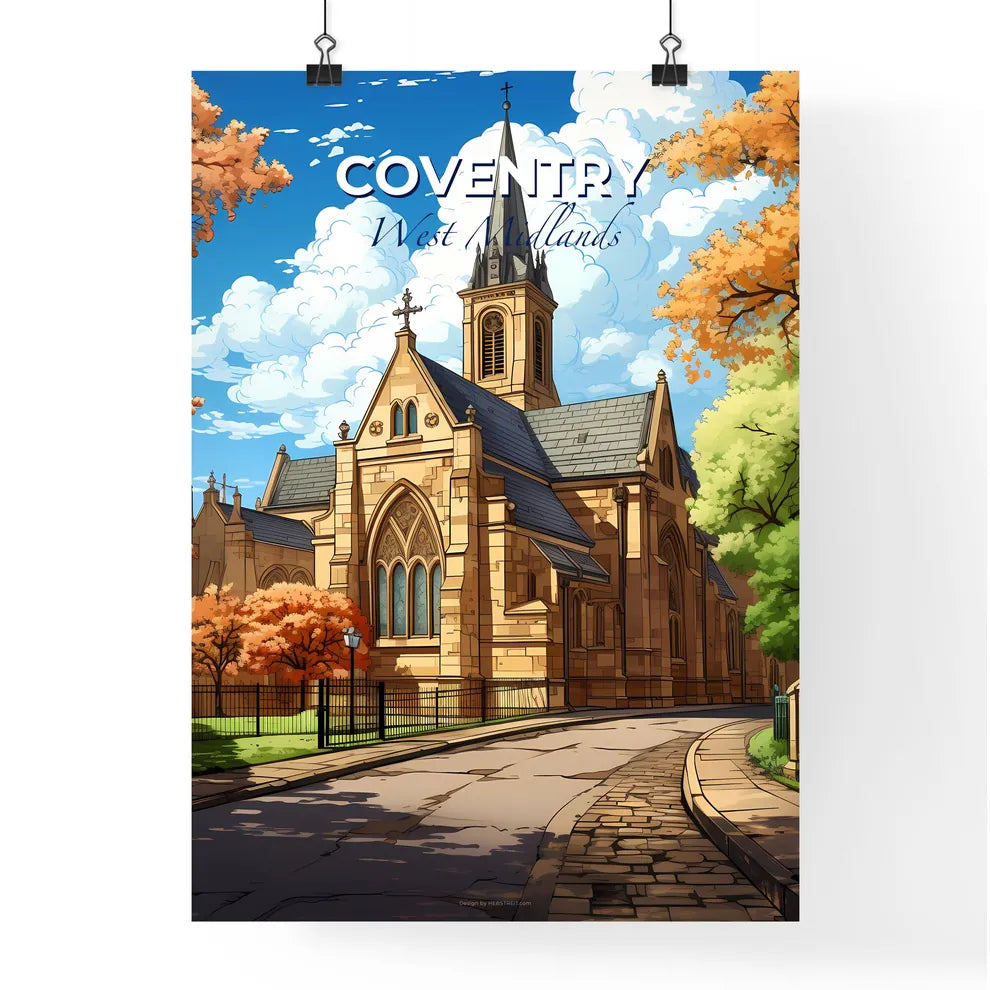 Coventry, West Midlands, A Poster of a church with a steeple and trees Default Title