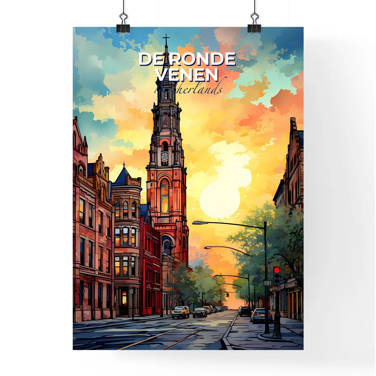 De Ronde Venen, Netherlands, A Poster of a street with a tall tower and cars on it Default Title
