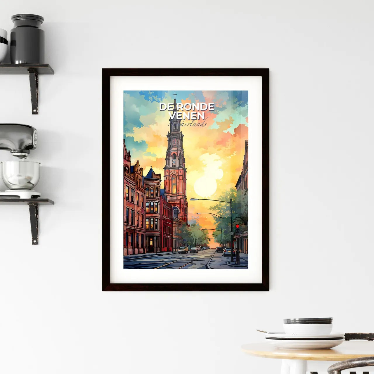 De Ronde Venen, Netherlands, A Poster of a street with a tall tower and cars on it Default Title