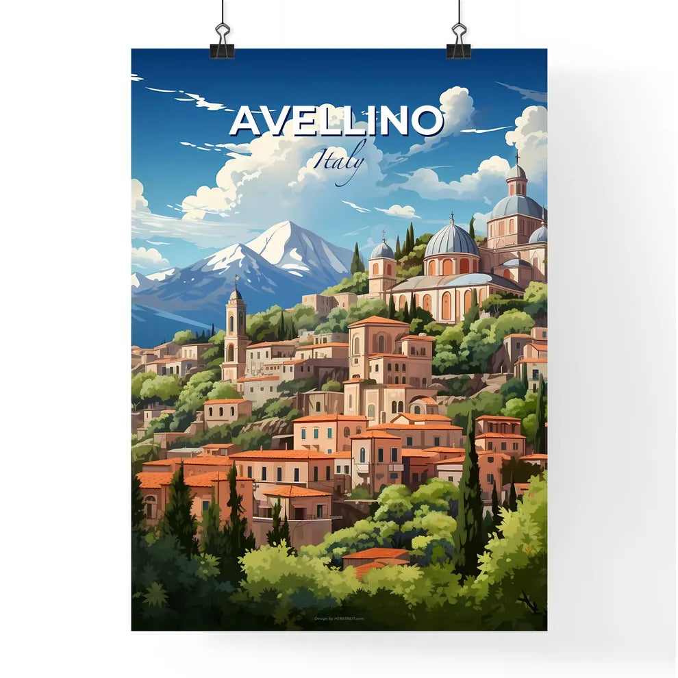 Avellino, Italy, A Poster of a city on a hill with trees and mountains in the background Default Title