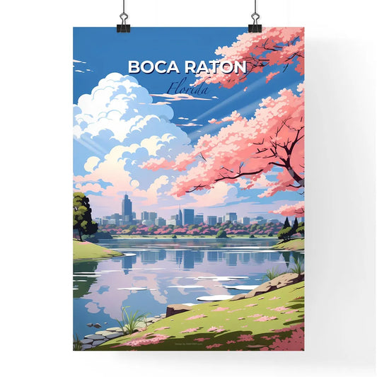 Boca Raton, Florida, A Poster of a landscape of a lake with pink trees and a city in the background Default Title