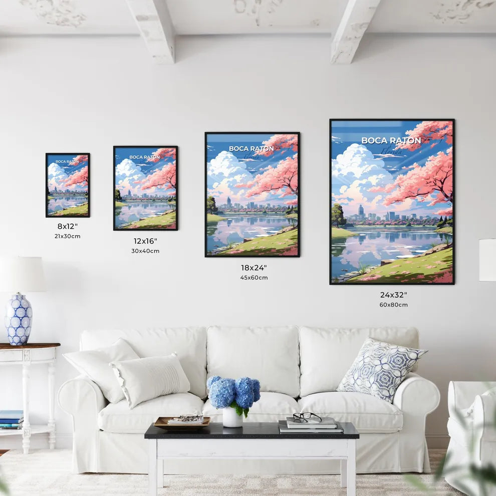 Boca Raton, Florida, A Poster of a landscape of a lake with pink trees and a city in the background Default Title