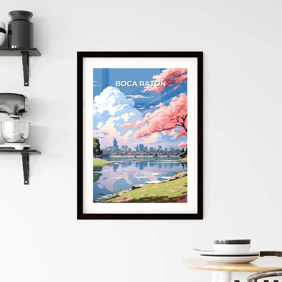 Boca Raton, Florida, A Poster of a landscape of a lake with pink trees and a city in the background Default Title