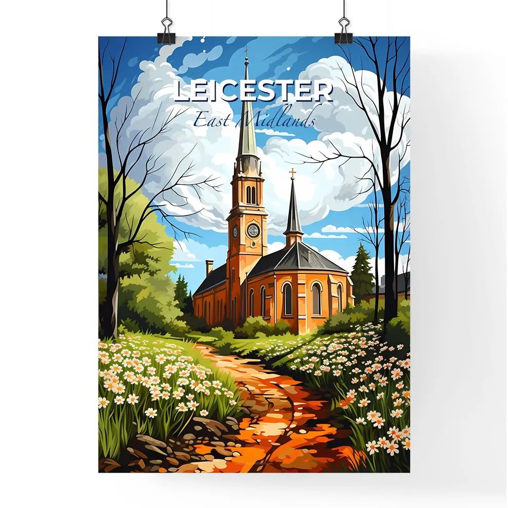 Leicester, East Midlands, A Poster of a church with a clock tower and flowers Default Title