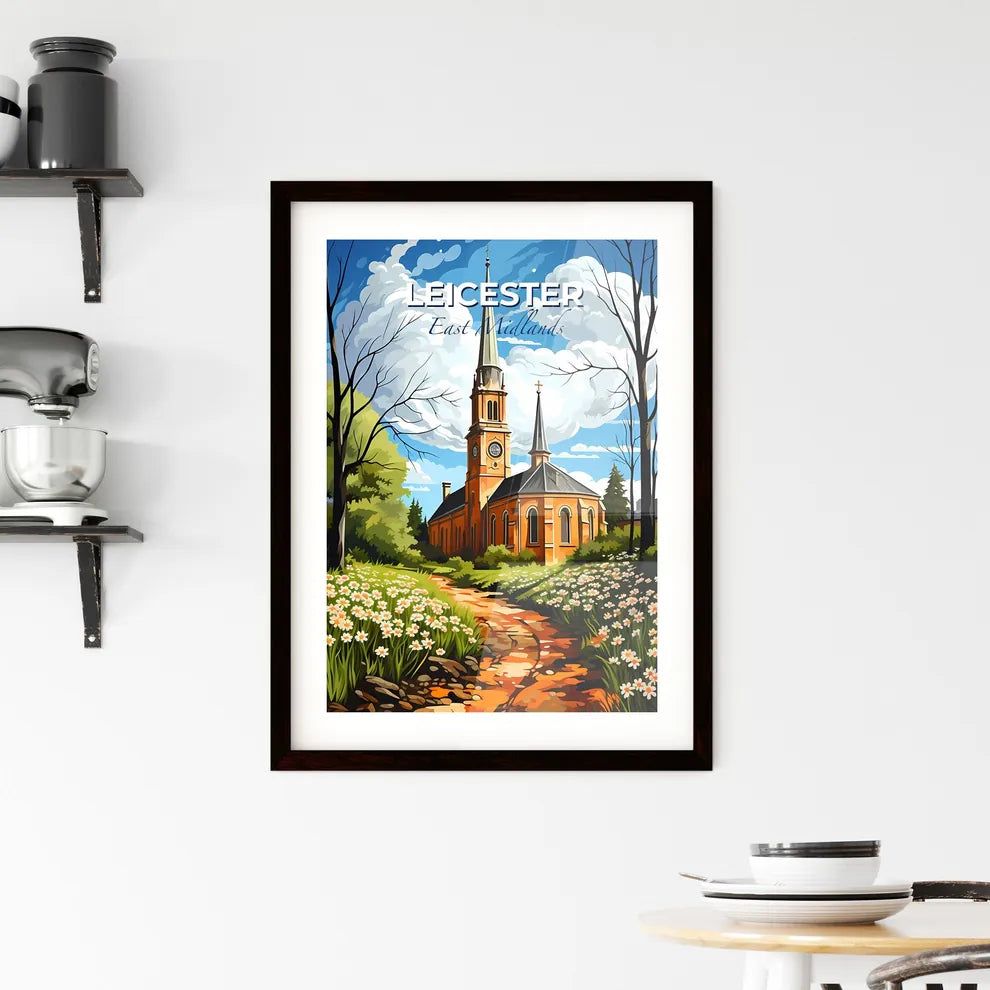 Leicester, East Midlands, A Poster of a church with a clock tower and flowers Default Title