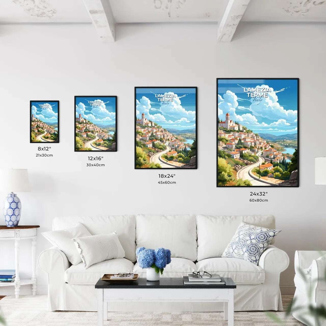 Lamezia Terme, Italy, A Poster of a landscape of a town with a road and trees Default Title