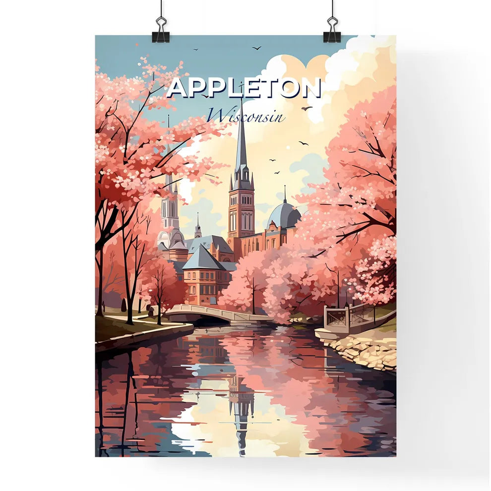 Appleton, Wisconsin, A Poster of a river with a bridge and trees with pink flowers Default Title