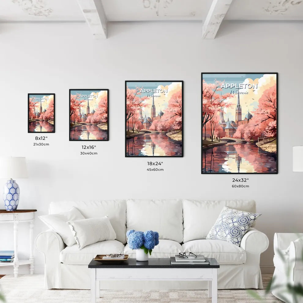 Appleton, Wisconsin, A Poster of a river with a bridge and trees with pink flowers Default Title