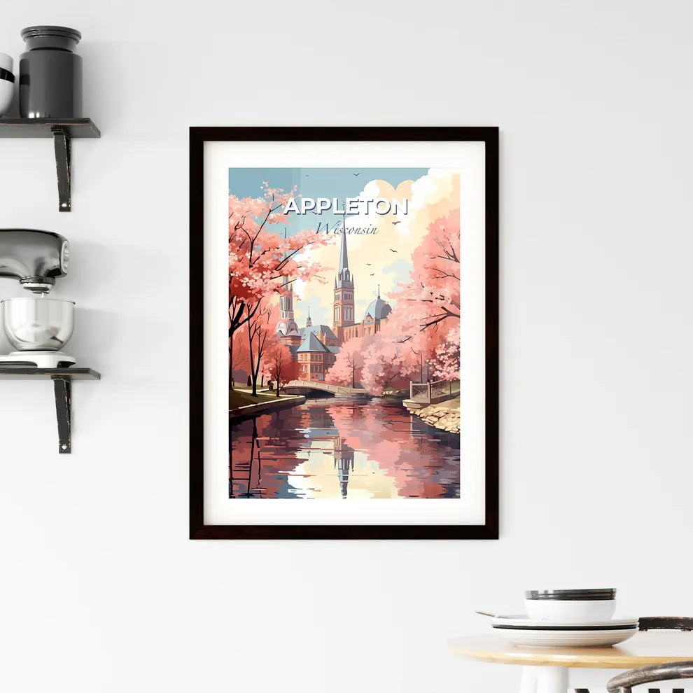 Appleton, Wisconsin, A Poster of a river with a bridge and trees with pink flowers Default Title