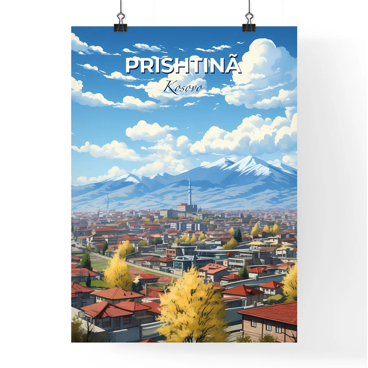 Prishtinã, Kosovo, A Poster of a city with red roofs and trees and mountains in the background Default Title