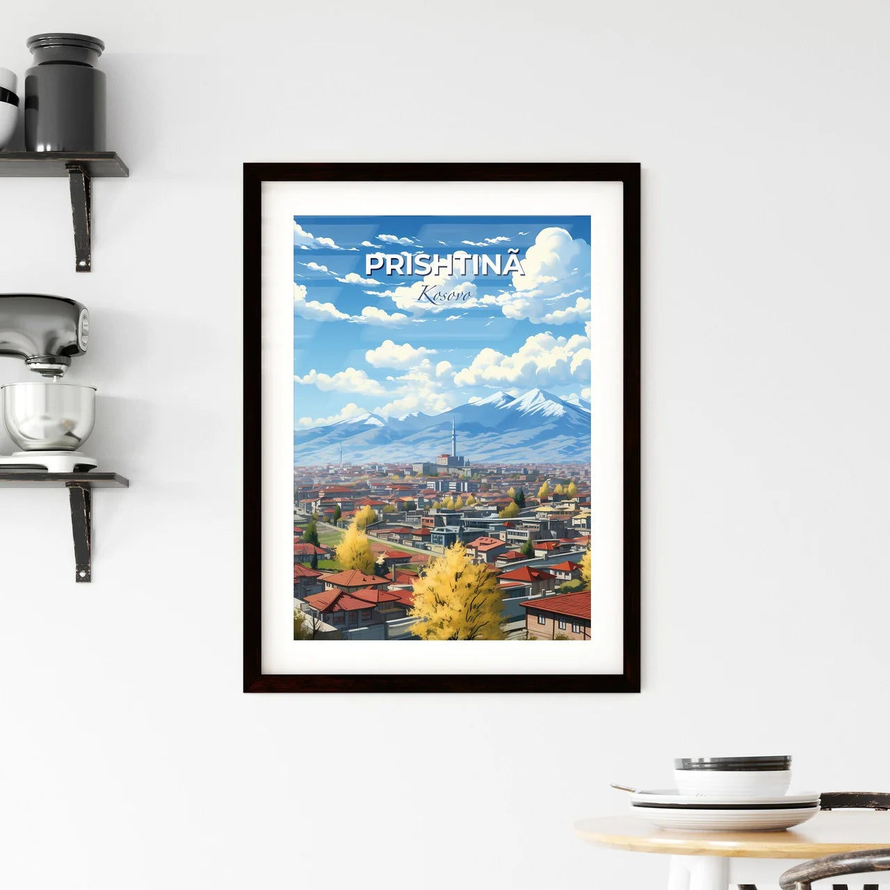 Prishtinã, Kosovo, A Poster of a city with red roofs and trees and mountains in the background Default Title