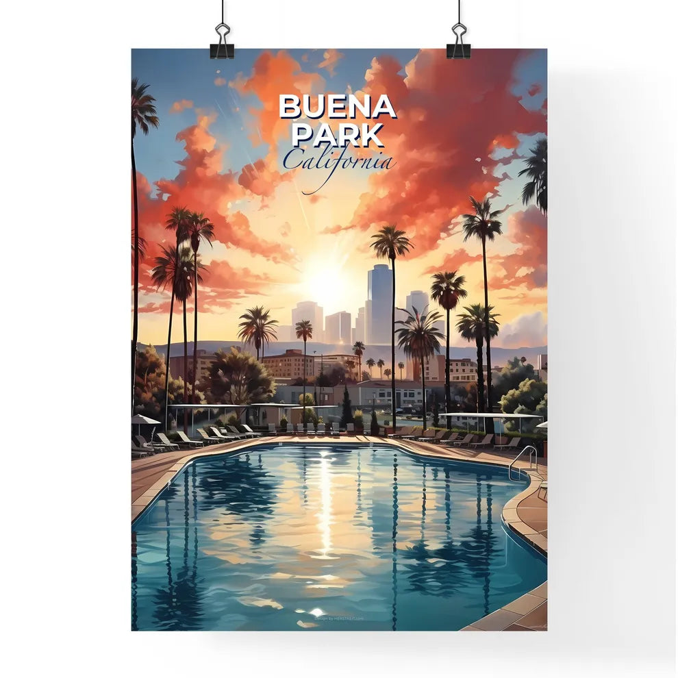 Buena Park, California, A Poster of a pool with palm trees and a city in the background Default Title