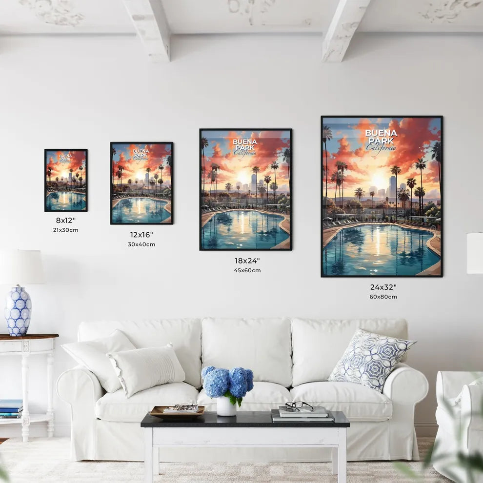 Buena Park, California, A Poster of a pool with palm trees and a city in the background Default Title