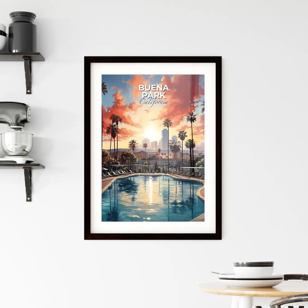 Buena Park, California, A Poster of a pool with palm trees and a city in the background Default Title