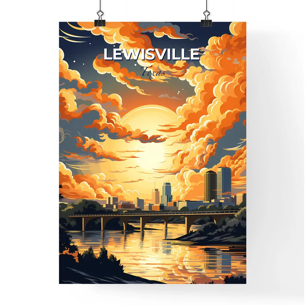 Lewisville, Texas, A Poster of a painting of a city with a bridge and a body of water Default Title