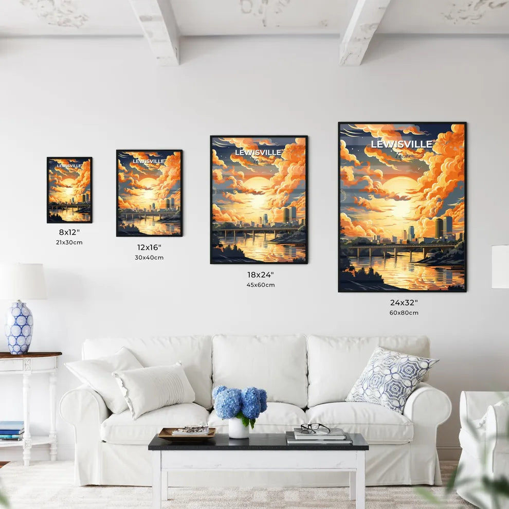 Lewisville, Texas, A Poster of a painting of a city with a bridge and a body of water Default Title