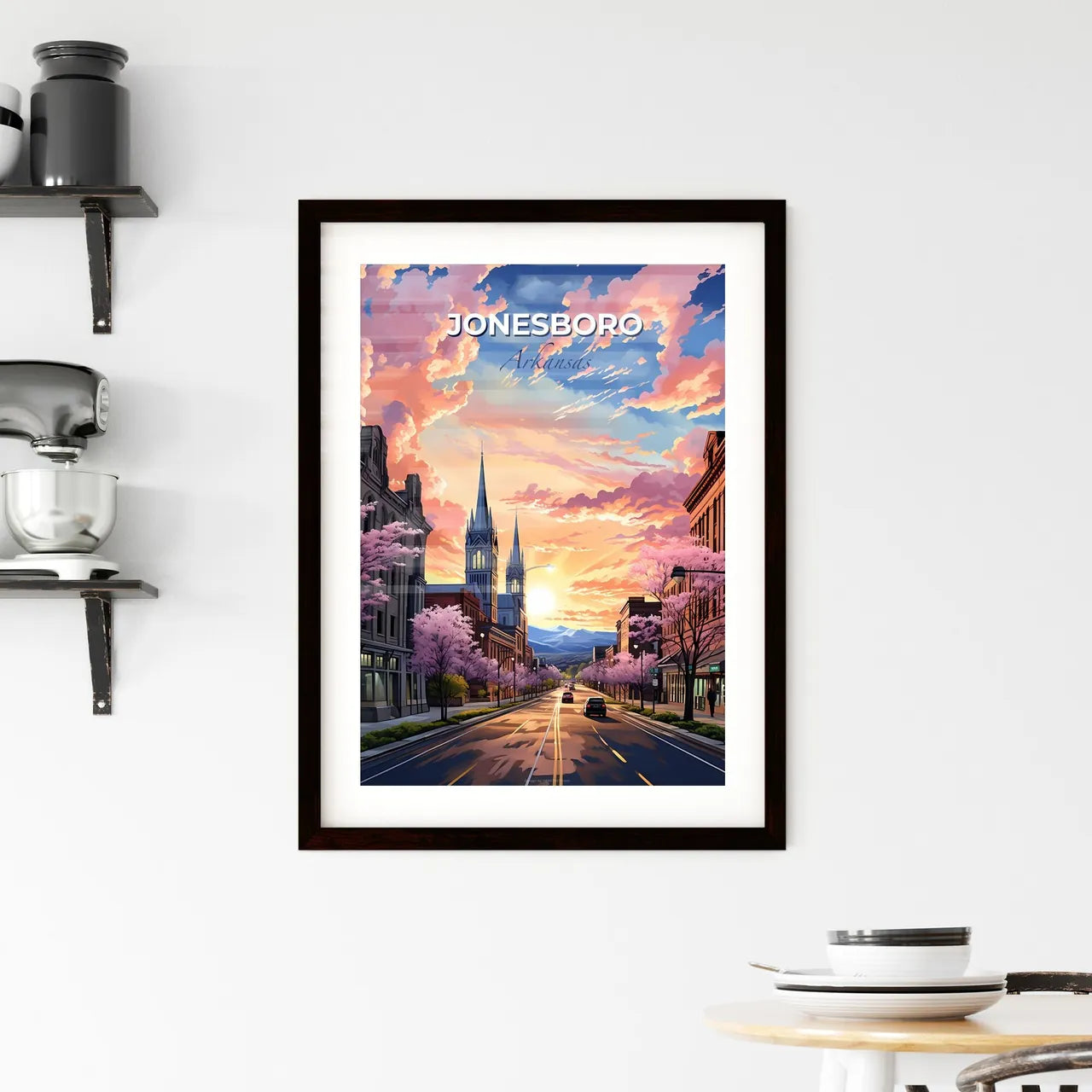 Jonesboro, Arkansas, A Poster of a street with trees and buildings and a sunset Default Title