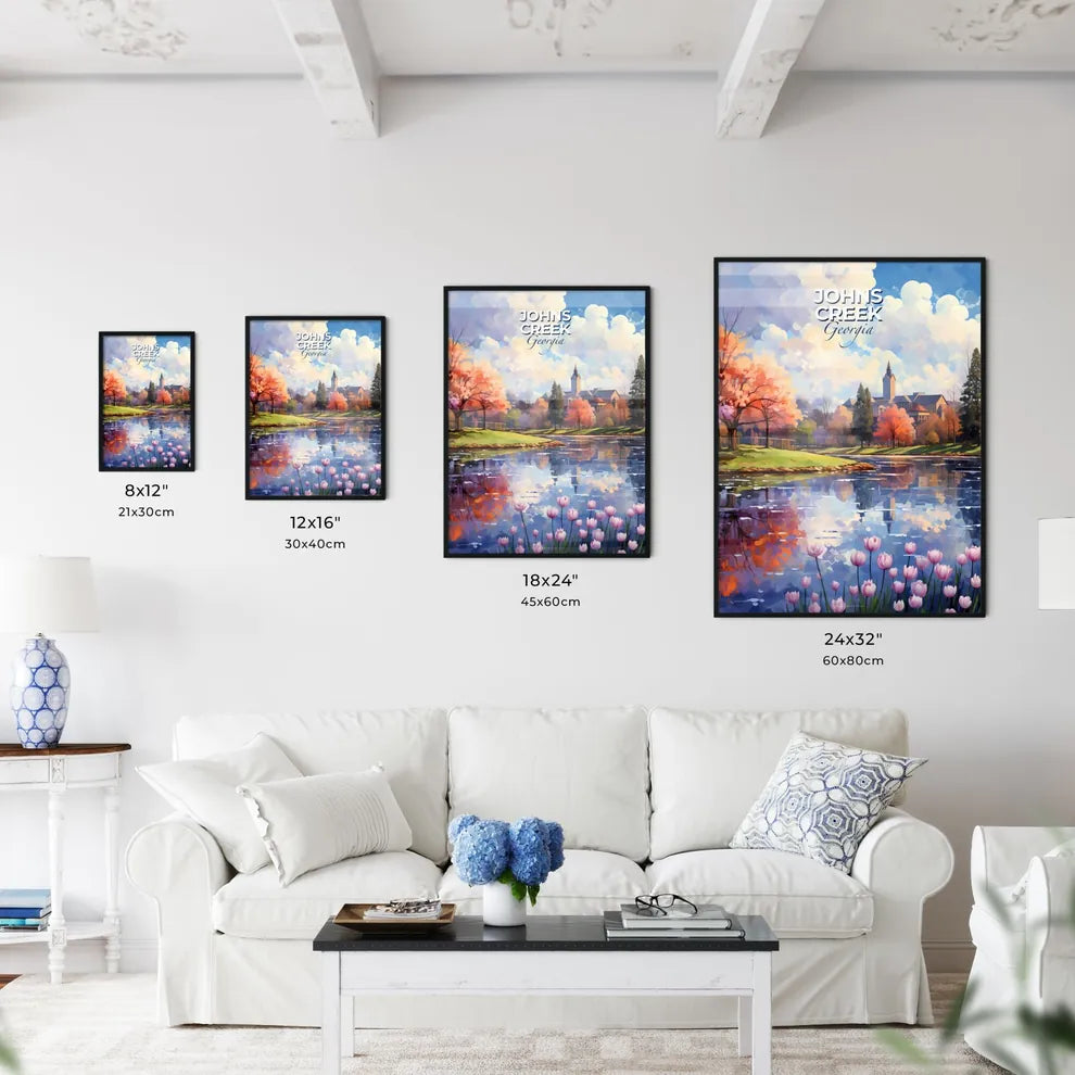 Johns Creek, Georgia, A Poster of a lake with trees and flowers Default Title