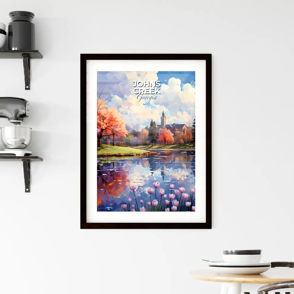 Johns Creek, Georgia, A Poster of a lake with trees and flowers Default Title