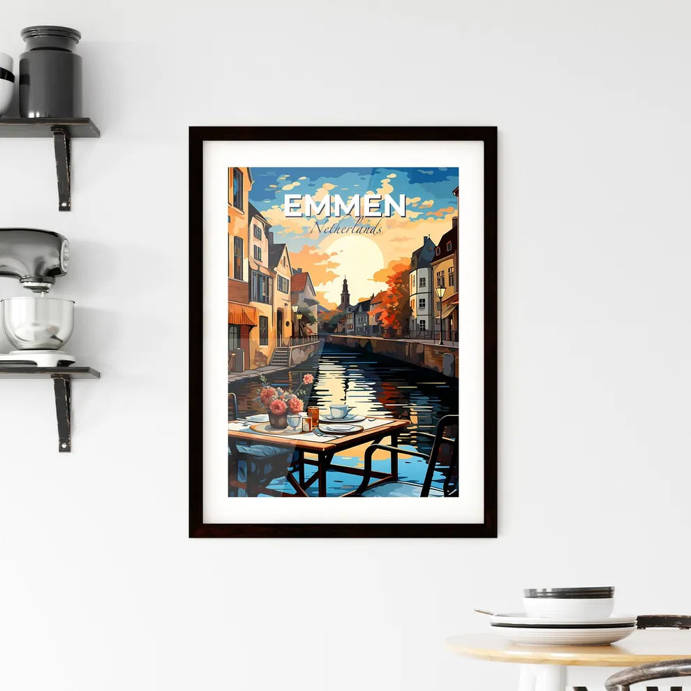 Emmen, Netherlands, A Poster of a table with flowers on it and a river in the background Default Title
