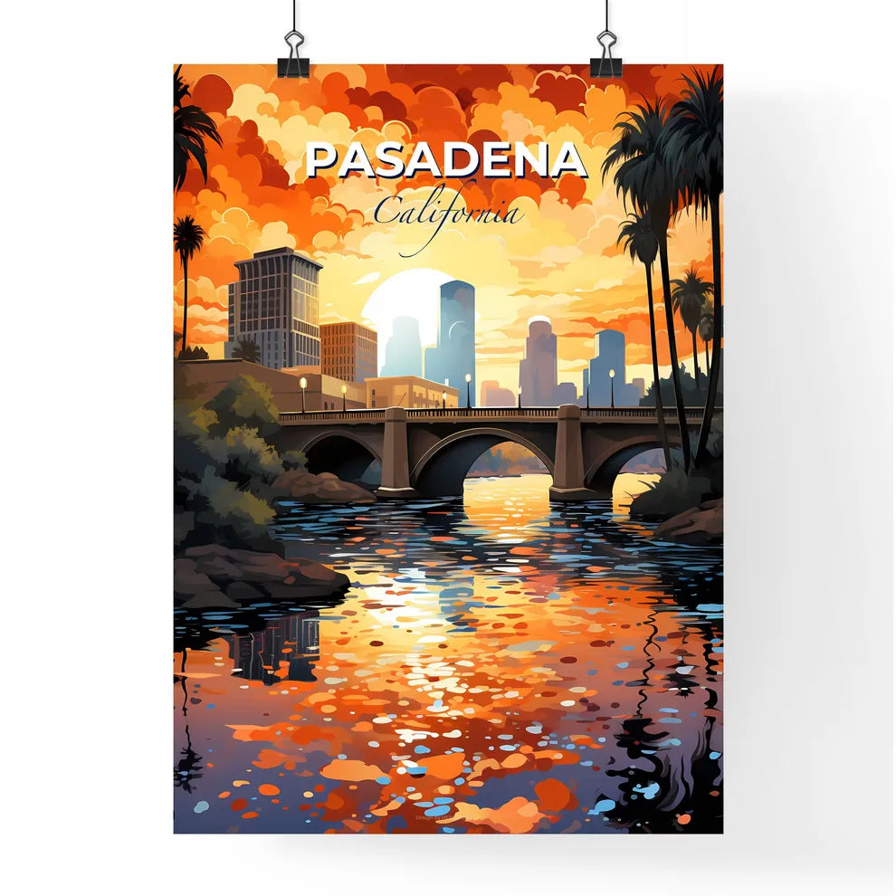 Pasadena, California, A Poster of a bridge over a river with palm trees and a city in the background Default Title