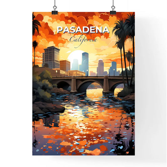 Pasadena, California, A Poster of a bridge over a river with palm trees and a city in the background Default Title