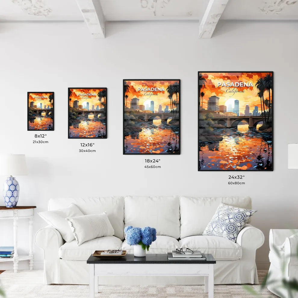 Pasadena, California, A Poster of a bridge over a river with palm trees and a city in the background Default Title