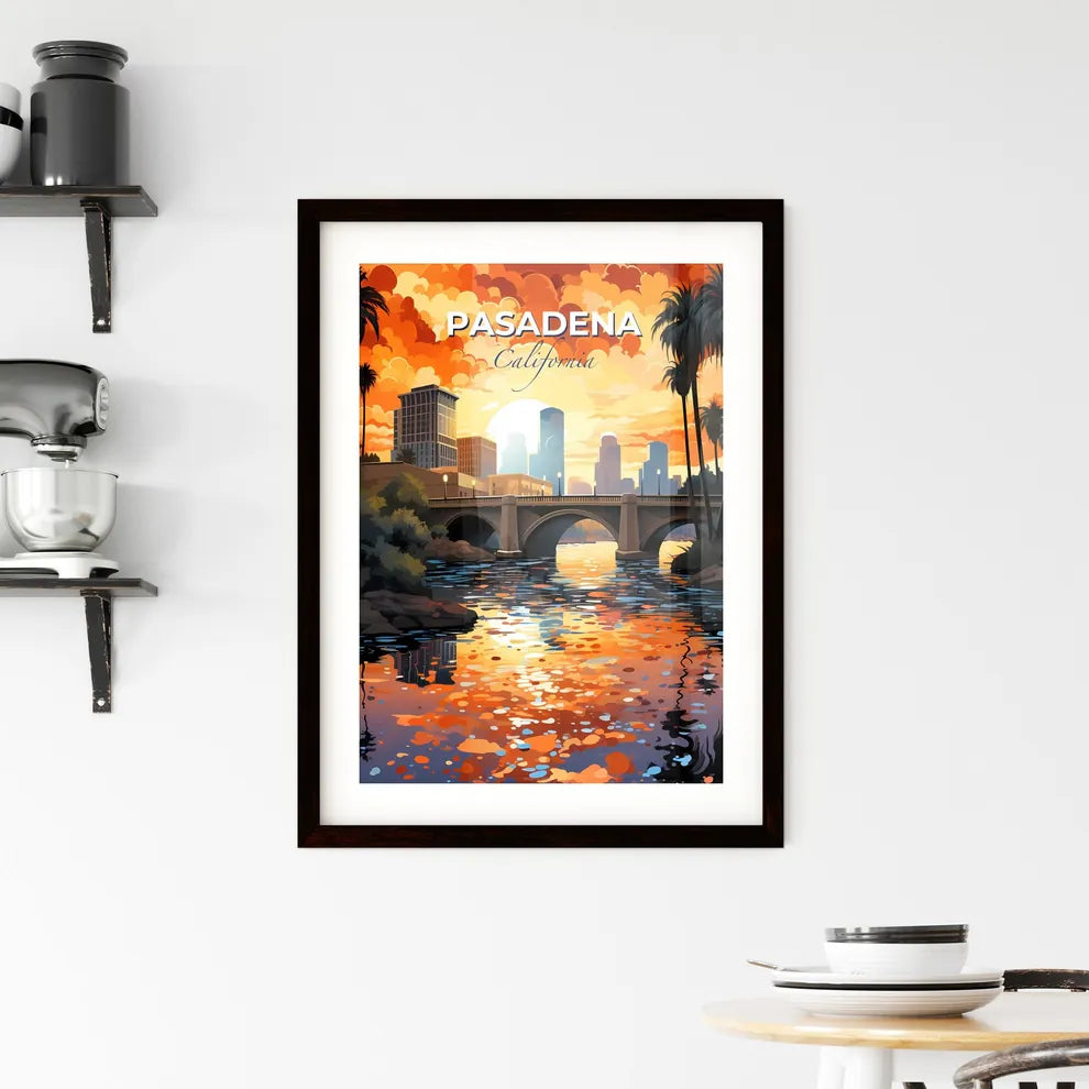 Pasadena, California, A Poster of a bridge over a river with palm trees and a city in the background Default Title