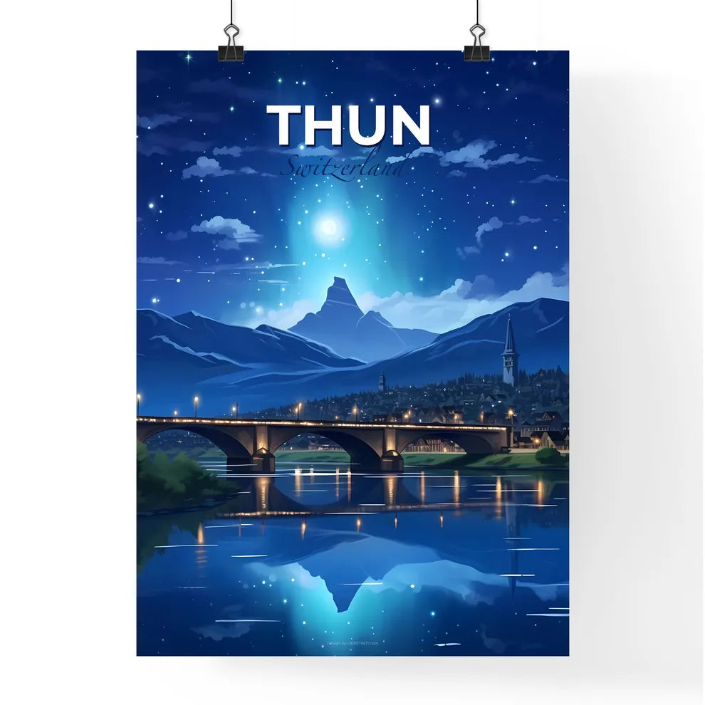 Thun, Switzerland, A Poster of a bridge over a river with a city and mountains in the background Default Title