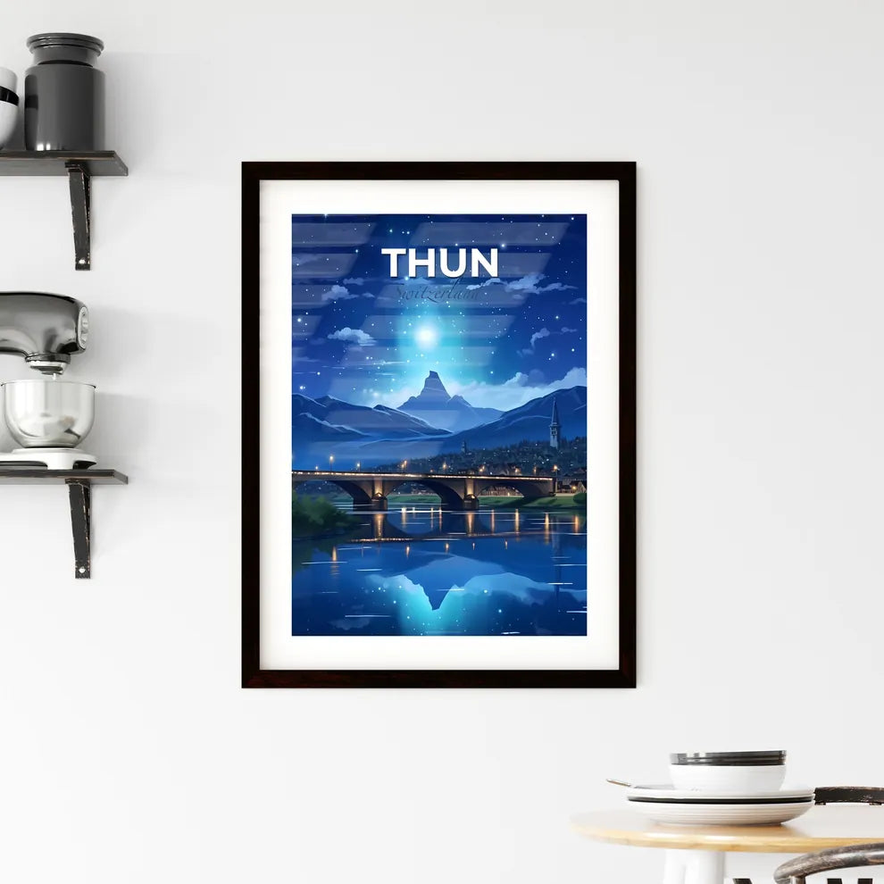 Thun, Switzerland, A Poster of a bridge over a river with a city and mountains in the background Default Title