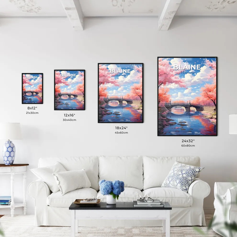 Blaine, Minnesota, A Poster of a bridge over a river with pink trees Default Title