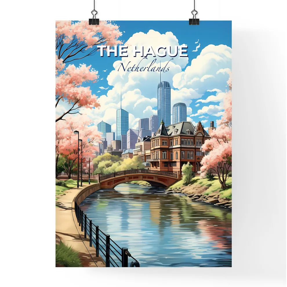 The Hague, Netherlands, A Poster of a bridge over a river with trees and a city in the background Default Title