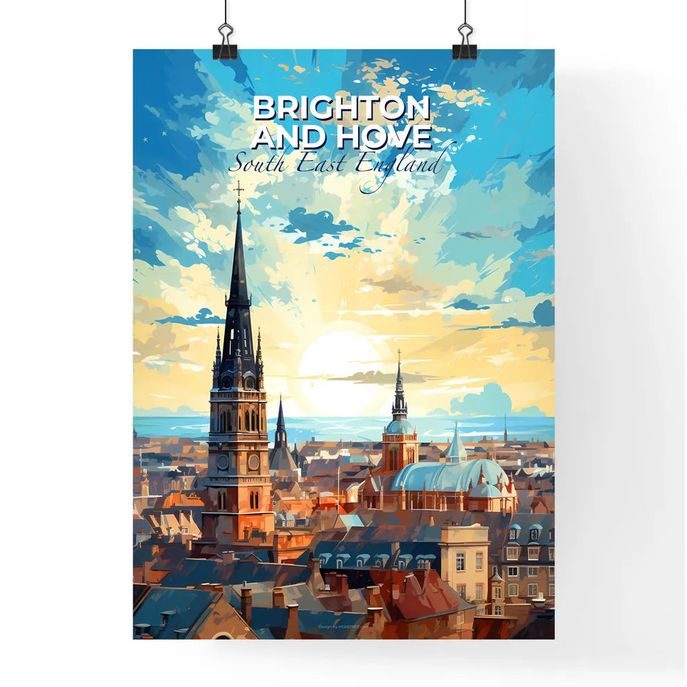Brighton And Hove, South East England, A Poster of a city with a steeple and a sunset Default Title