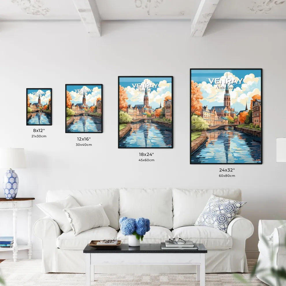 Venray, Netherlands, A Poster of a river with a bridge and a church in the background Default Title