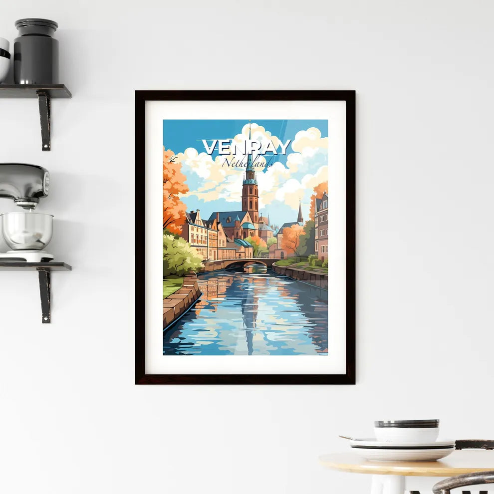 Venray, Netherlands, A Poster of a river with a bridge and a church in the background Default Title