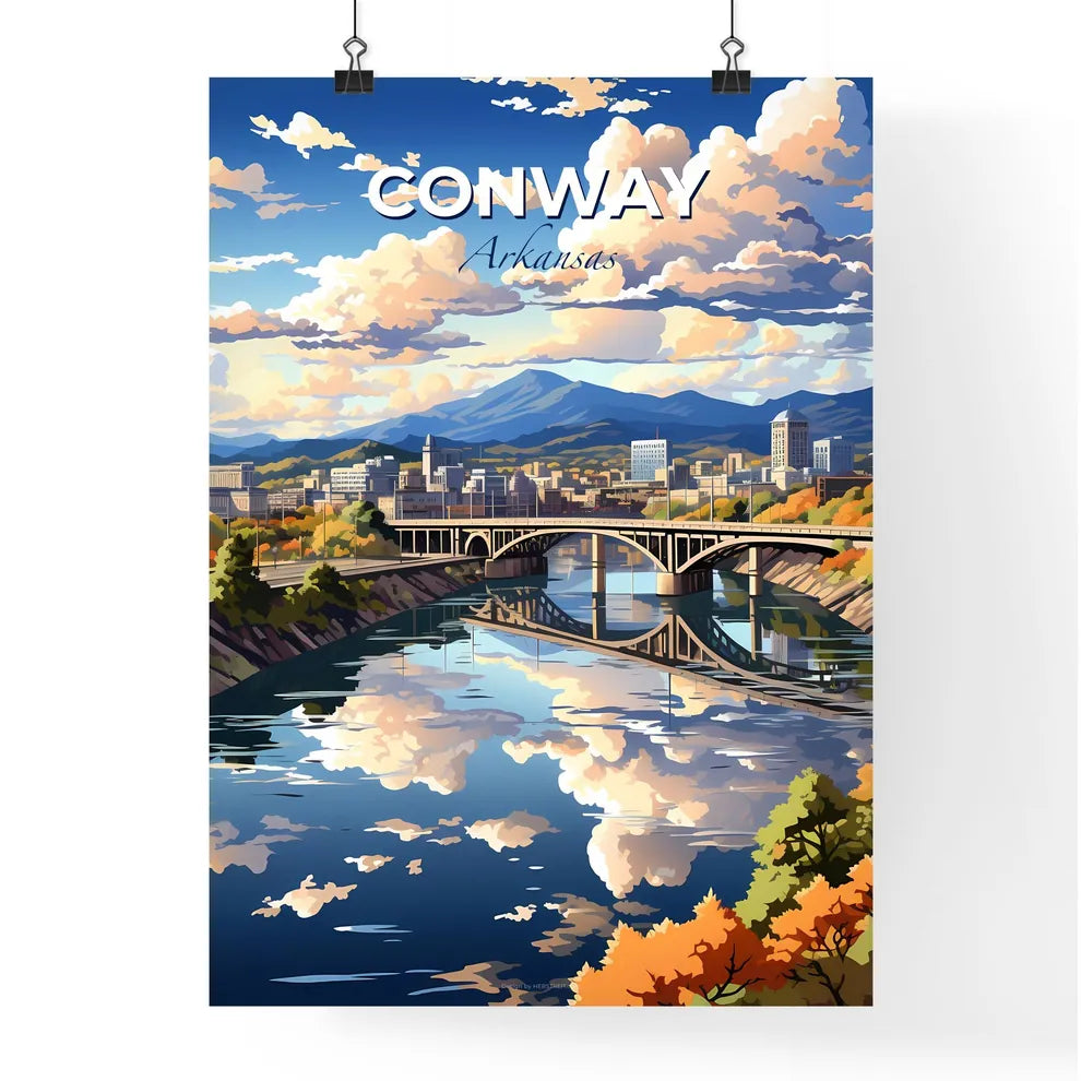 Conway, Arkansas, A Poster of a bridge over a river with trees and mountains in the background Default Title