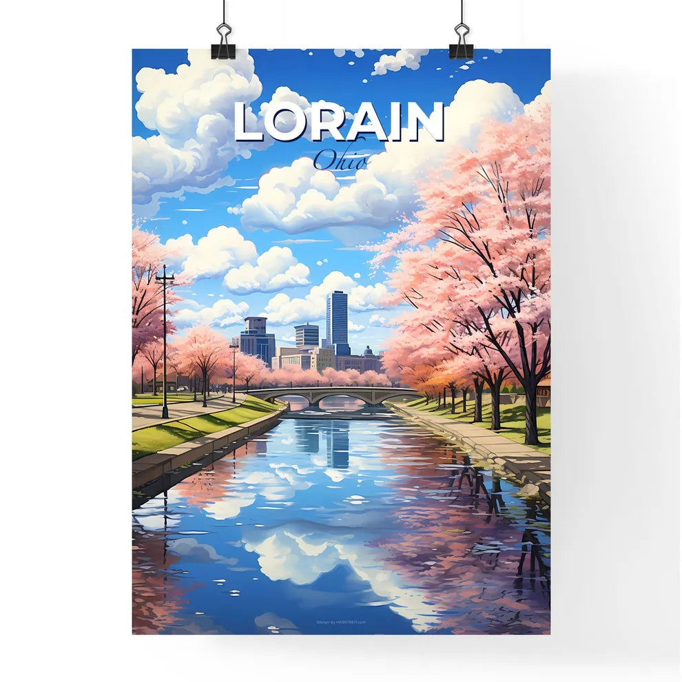 Lorain, Ohio, A Poster of a river with pink trees and a bridge in the background Default Title