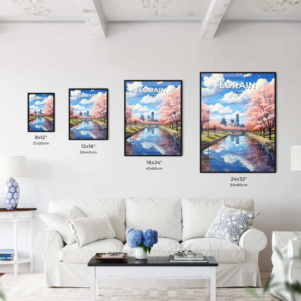 Lorain, Ohio, A Poster of a river with pink trees and a bridge in the background Default Title