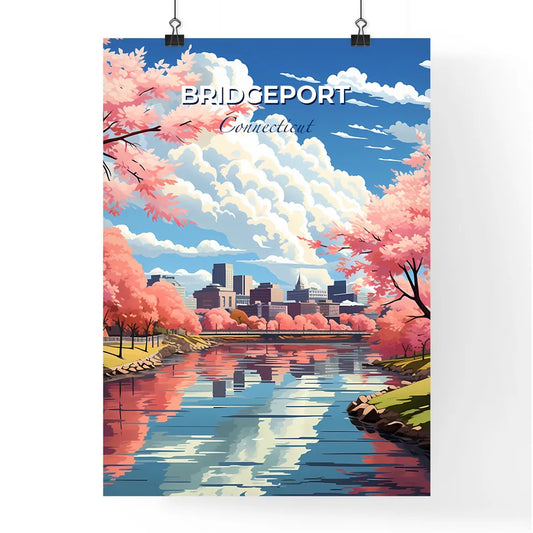 Bridgeport, Connecticut, A Poster of a river with pink trees and buildings in the background Default Title