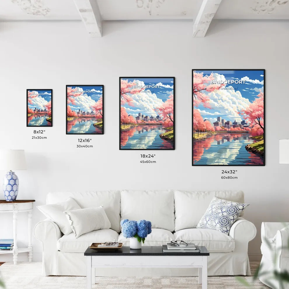 Bridgeport, Connecticut, A Poster of a river with pink trees and buildings in the background Default Title