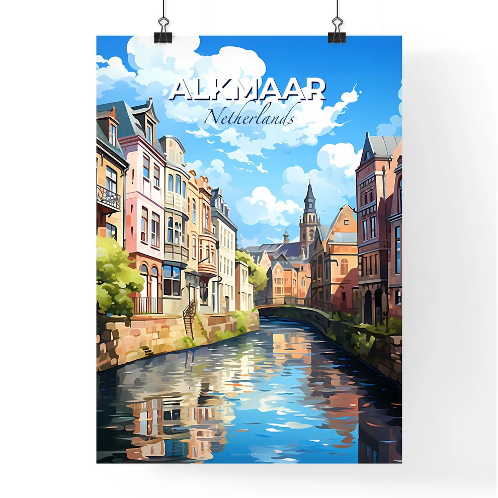 Alkmaar, Netherlands, A Poster of a water way between buildings with Bruges in the background Default Title