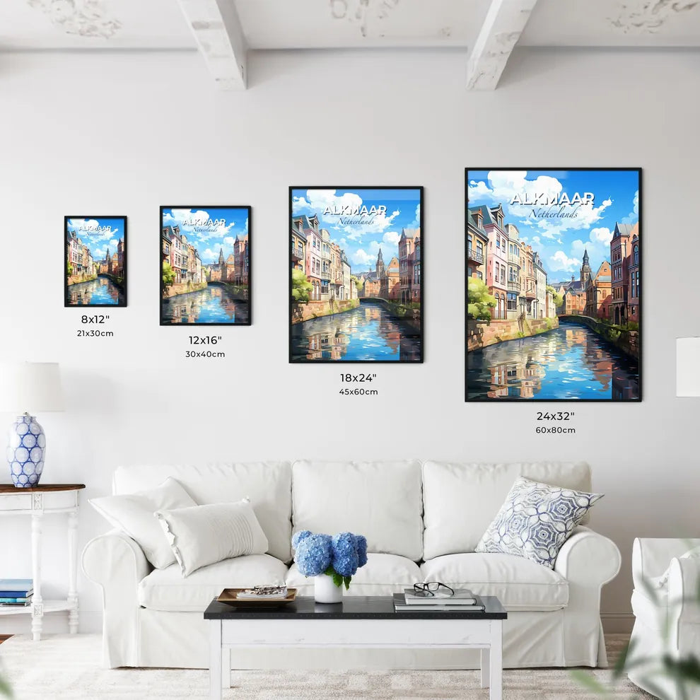 Alkmaar, Netherlands, A Poster of a water way between buildings with Bruges in the background Default Title