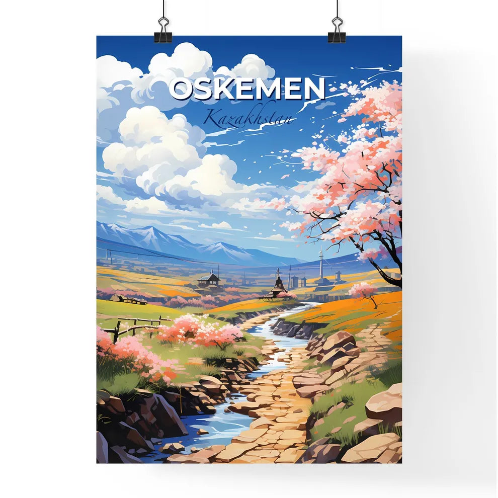 Oskemen, Kazakhstan, A Poster of a stream running through a valley with pink flowers and trees Default Title