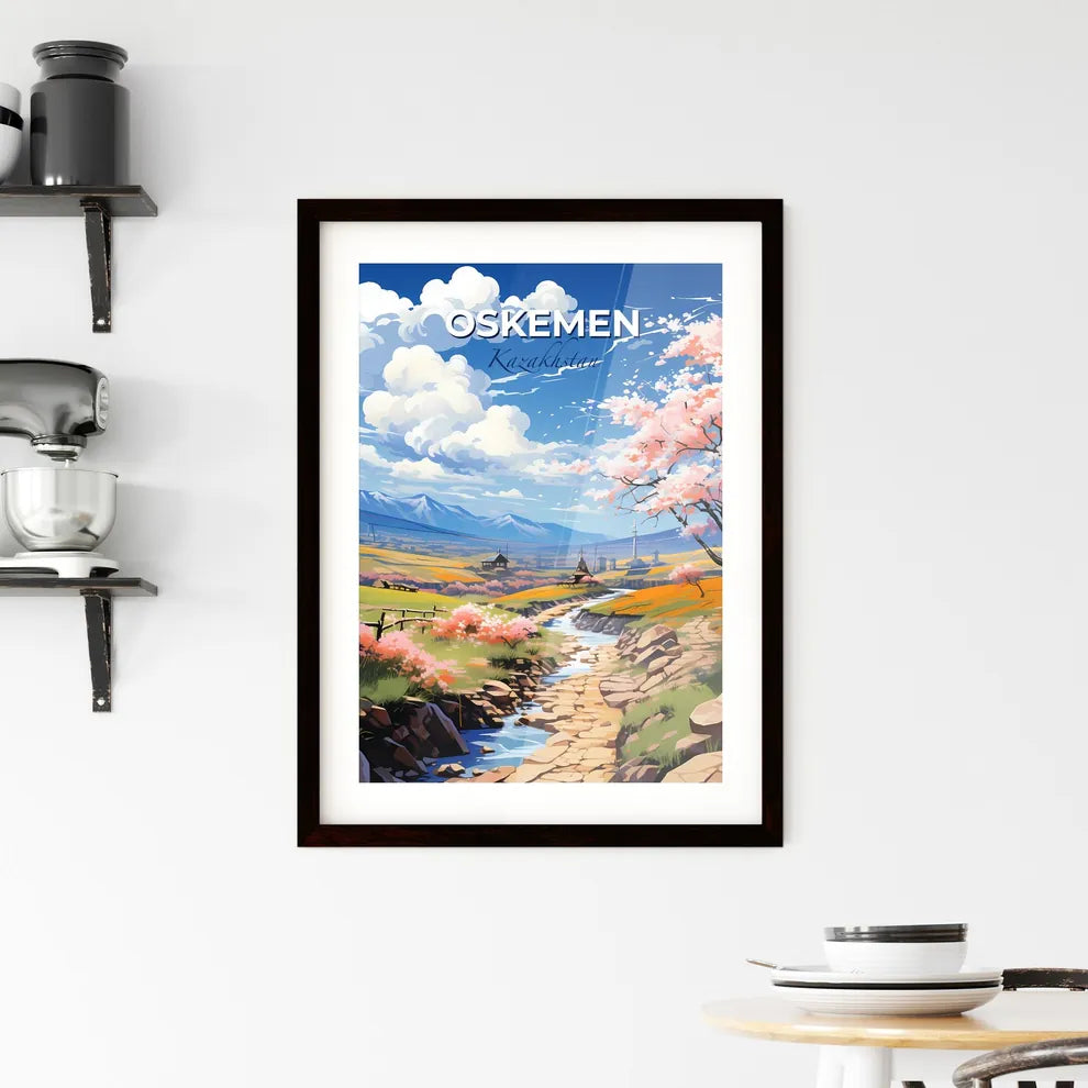 Oskemen, Kazakhstan, A Poster of a stream running through a valley with pink flowers and trees Default Title
