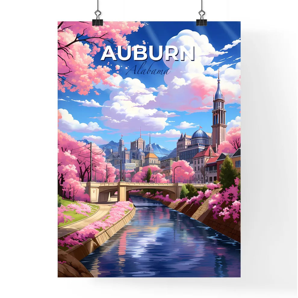 Auburn, Alabama, A Poster of a river with pink trees and buildings and a bridge Default Title