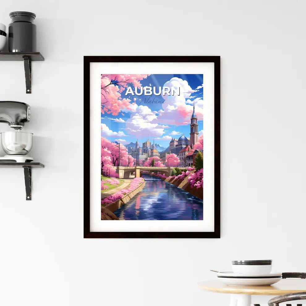 Auburn, Alabama, A Poster of a river with pink trees and buildings and a bridge Default Title